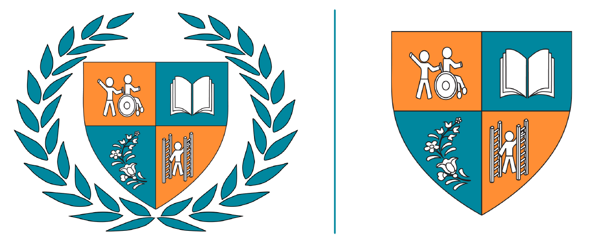 CE Academy school crest with wreath and standalone shield, showing symbols for accessibility, learning, growth, and Conductive Education